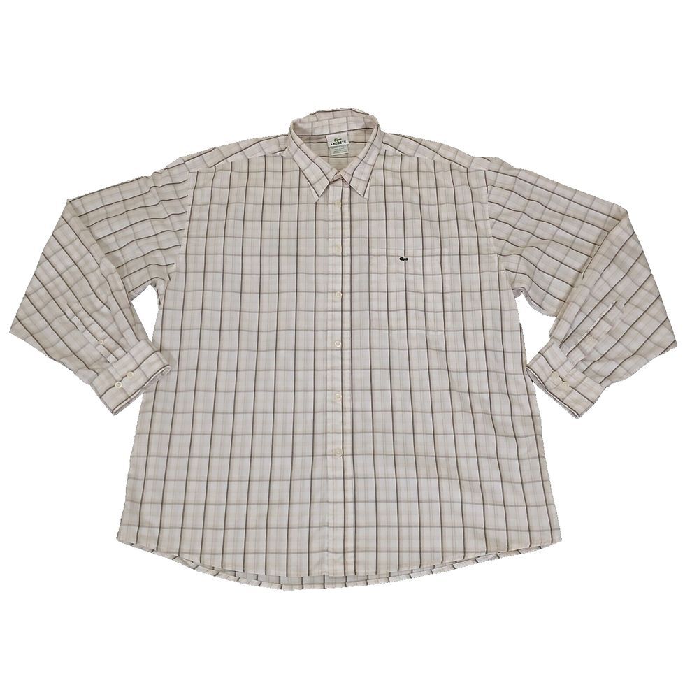 Lacoste Mens Shirt Casual Plaid Long Sleeve Button Up Size 7 Beige Brown